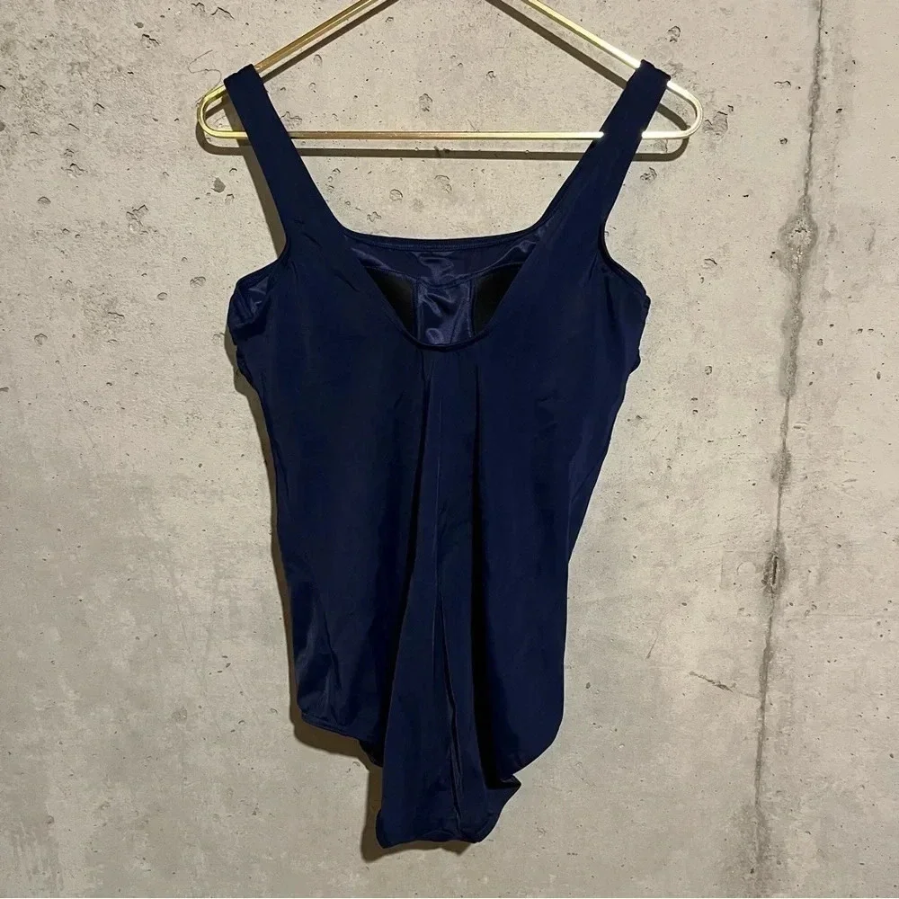 Womens 14 D Lands End Swimsuit Navy Blue Tank Built In Bra Full Cover One Piece